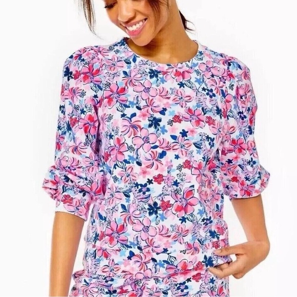 Lilly Pulitzer Tops - Lilly Pulitzer Floral Sweatshirt - Pink and Blue party like a lobstar xl